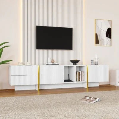 TV Stand For 85inch TV, Entertainment Center With Storage Cabinet And Open Shelves, Embossed Pattern TV Stand, TV Cabinet And Media Console For Living Room, Bedroom, White