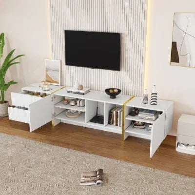 TV Stand For 85inch TV, Entertainment Center With Storage Cabinet And Open Shelves, Embossed Pattern TV Stand, TV Cabinet And Media Console For Living Room, Bedroom, White